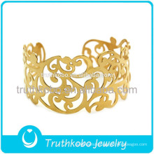 Vacuum plating gold high quality laser cut flowers floral vines stainless steel cuff bangle